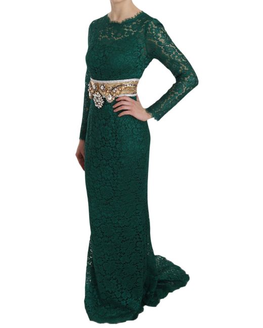 Dolce & Gabbana Green Crystal Gold Belt Lace Sheath Gown Dress
