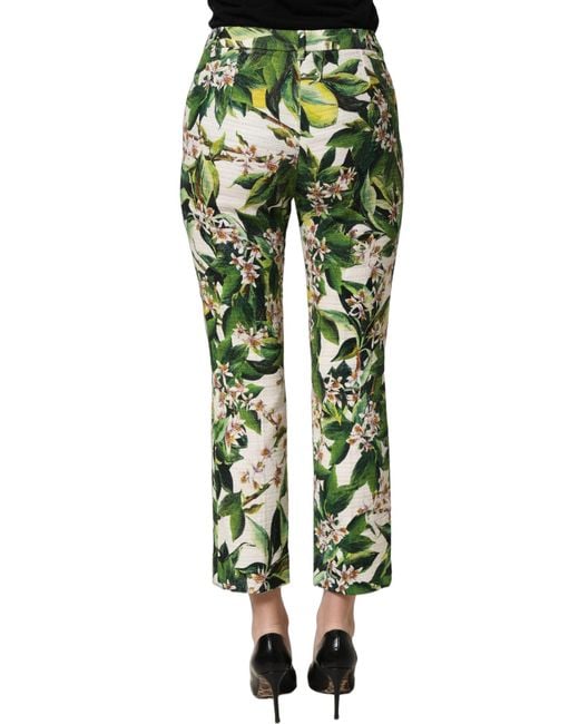 Dolce & Gabbana Green White Floral Print Cropped Straight Pants