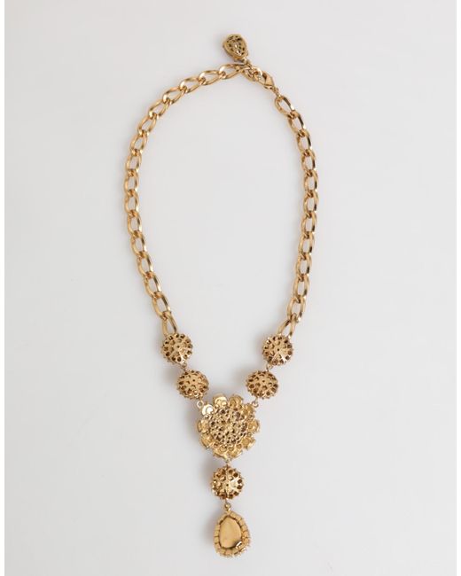 Dolce & Gabbana White Brass Crystal Pearl Floral Pendant Jewelry Necklace