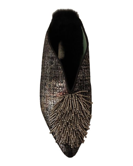 Paola D'arcano Black Gold Jacquard Leather Embellished Slip On Shoes
