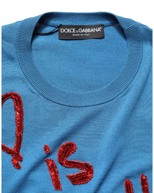 Dolce & Gabbana Blue Silk Sequined Crewneck Pullover Sweater