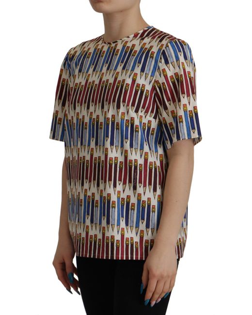 Dolce & Gabbana White Pencil Print Blouse Tsh7836