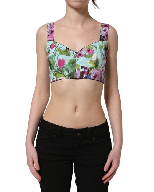 Dolce & Gabbana Green Floral Cropped Bustier Tank Top Elastane Nylon Cotton