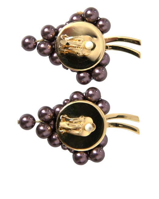 Dolce & Gabbana Brown Grape Pearl Sicily Brass Floral Clip On Earrings