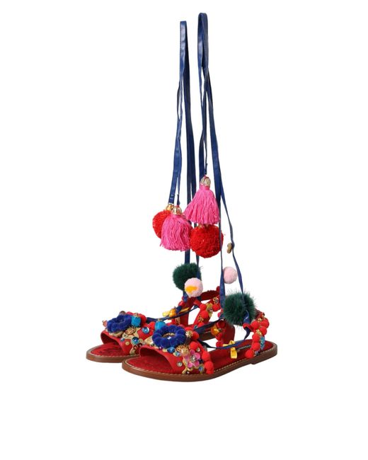 Dolce & Gabbana Red Pom Pom Fur Wrap Sandals Shoes