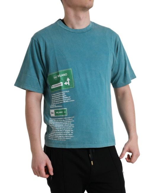 Dolce & Gabbana Blue Cotton Milano Street Round Neck T-Shirt for men