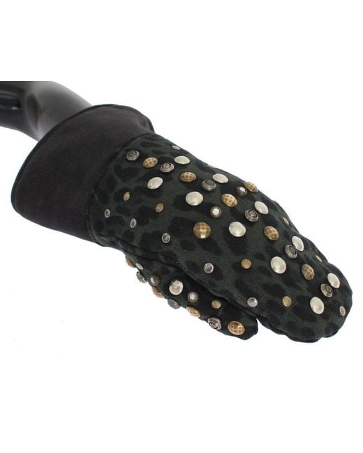 Dolce & Gabbana Black Wool Shearling Studded Leopard Gloves for men