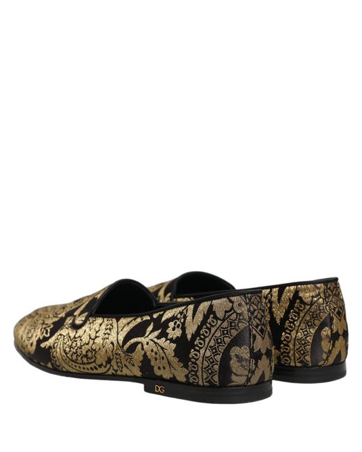 Dolce & Gabbana Gray Gold Jacquard Leather Slip On Loafers Shoes for men