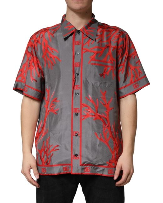 Dolce & Gabbana Red Corals Short Sleeves Casual Shirt Silk for men