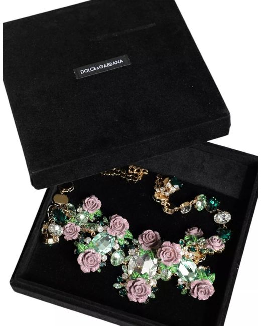 Dolce & Gabbana Green Brass Link Chain Rose Petal Crystal Necklace