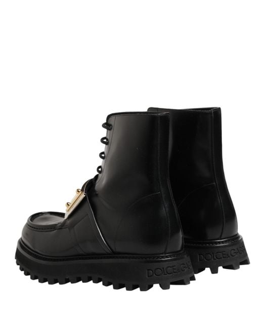 Dolce & Gabbana Black Leather Dg Plaque Lace Up Boots Shoes for men