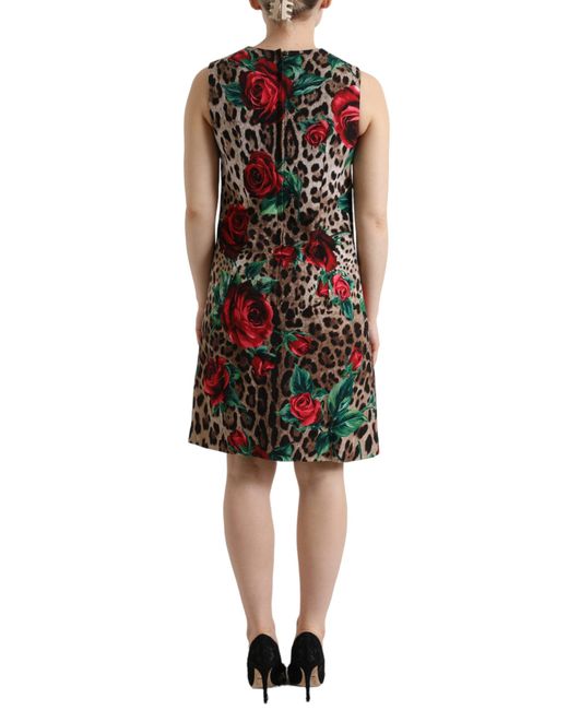 Dolce & Gabbana Black Brown Leopard Red Roses Wool A-line Dress