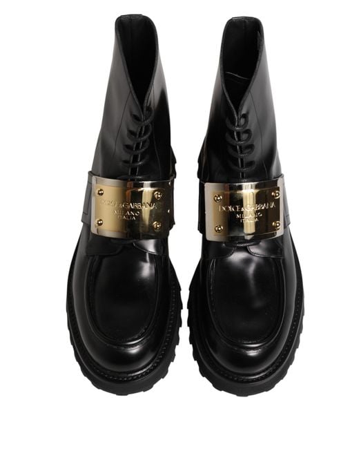 Dolce & Gabbana Black Leather Dg Plaque Lace Up Boots Shoes for men