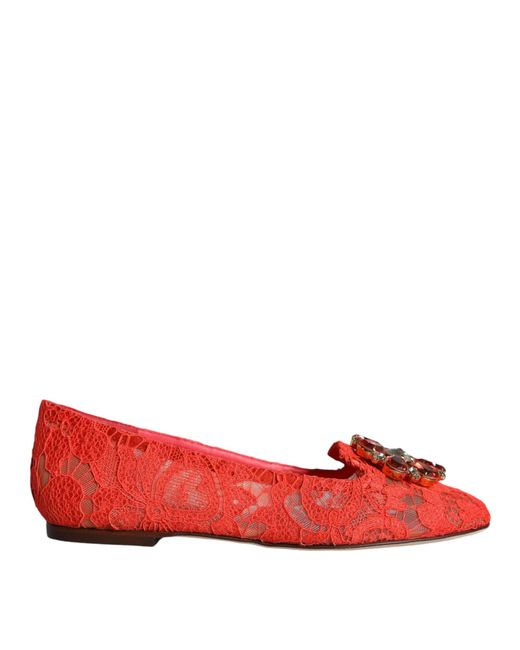 Dolce & Gabbana Red Lace Crystal Ballet Flats Loafers Shoes