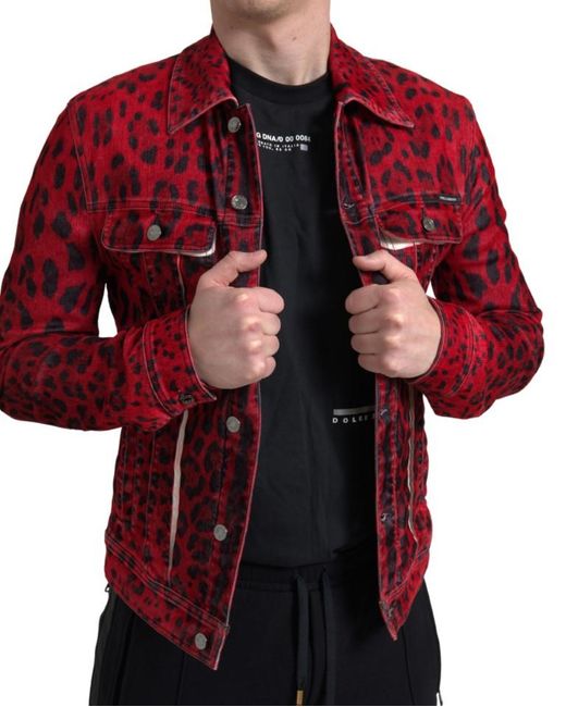 Dolce & Gabbana Red Leopard Cotton Collared Denim Jacket for men