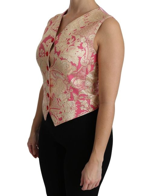 Dolce & Gabbana Black Pink Gold Brocade Waistcoat Vest Blouse Top