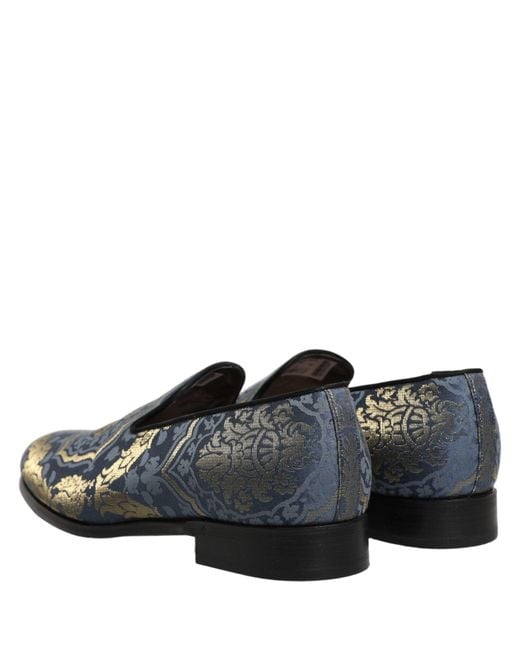 Dolce & Gabbana Gray Blue Floral Brocade Slip On Loafers Shoes for men