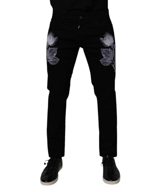 Dolce & Gabbana Black Floral Cotton Skinny Men Denim Jeans for men