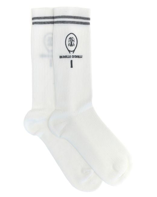 Brunello Cucinelli White Bicolor Cotton Socks for men