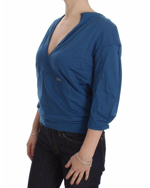Exte Blue Cotton Top Pullover Deep V