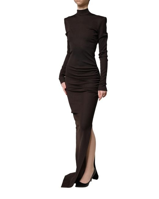 Dolce & Gabbana Black Brown Turtleneck Jersey Long Maxi Dress