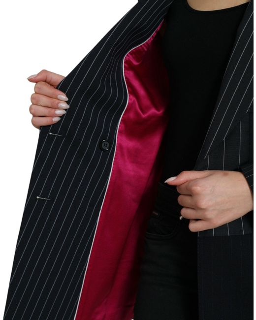 Dolce & Gabbana Black Striped Wool Doublebreasted Coat Jacket
