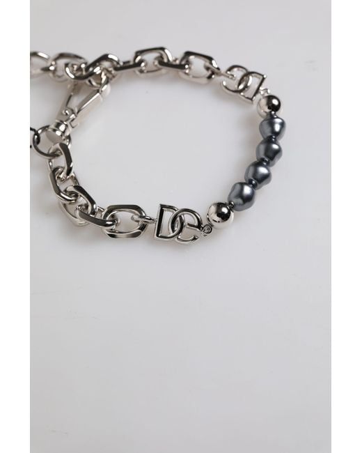 Dolce & Gabbana Metallic Tone Chain Lobster Clasp Logo Pearls Bracelet for men