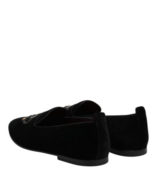 Dolce & Gabbana Black Velvet Crystal Crown Loafers Shoes for men