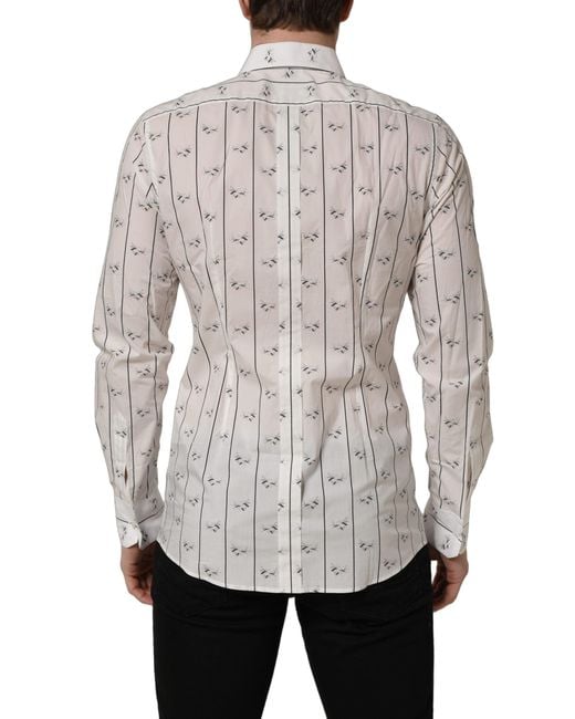 Dolce & Gabbana Gray White Bee Print Cotton Gold Fit Dress Shirt for men