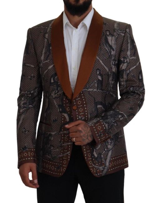 Dolce & Gabbana Black Bronze Monkey Print Silk Slim Jacket Blazer for men