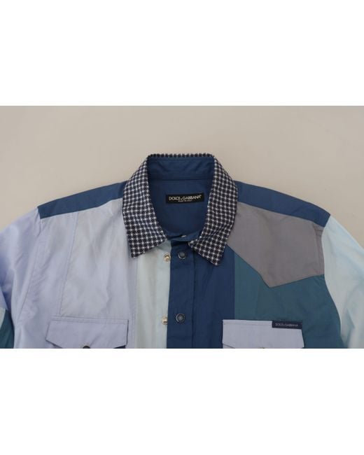 Dolce & Gabbana Blue Cotton Patchwork Slim Fit Top Shirt for men
