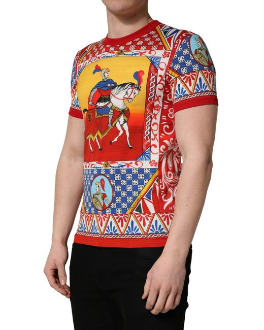 Dolce & Gabbana Red Multicolor Carretto Print Crew Neck T for men