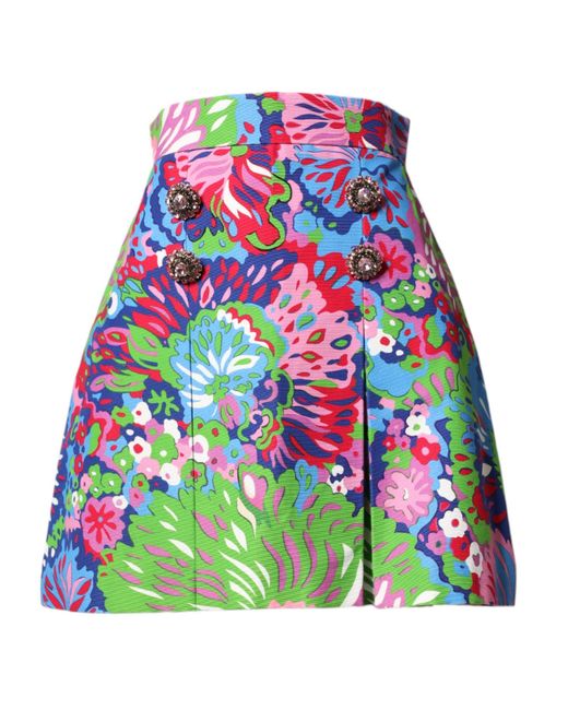 Dolce & Gabbana Green Floral Buttoned High Waist Mini Shorts