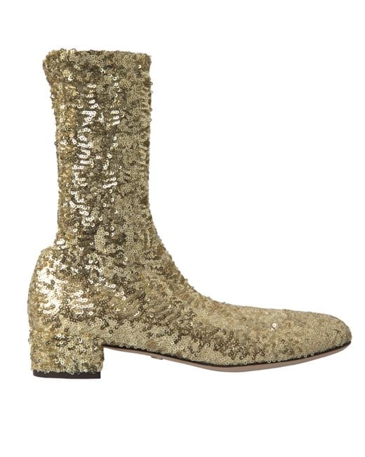 Dolce & Gabbana Green Gold Sequined Short Boots Stretch Shoes