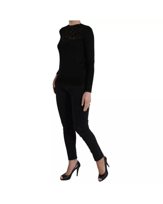 Dolce & Gabbana Black Lace Neck Long Sleeve Top