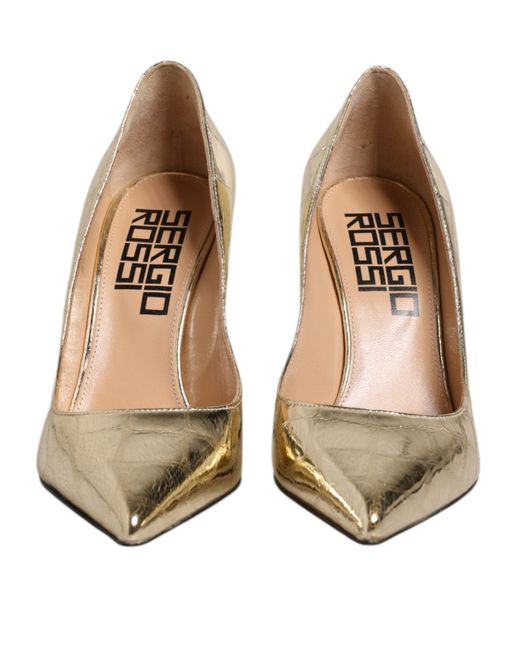 Sergio Rossi Metallic Gold Leather Pointed Toe Block Heels Shoes