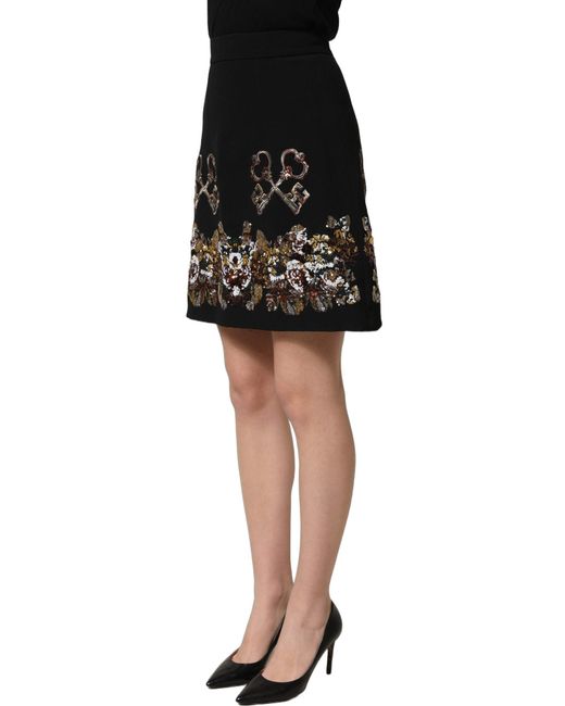 Dolce & Gabbana Black Floral Embellished A-Line Mini Skirt