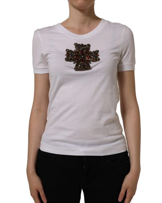 Dolce & Gabbana Multicolor White Crystal Embellished Cross Top T