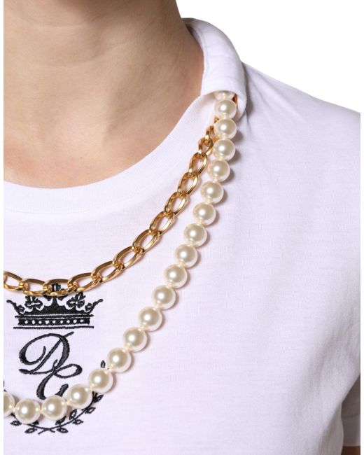 Dolce & Gabbana White Chain Pearl Cotton Round Neck T for men