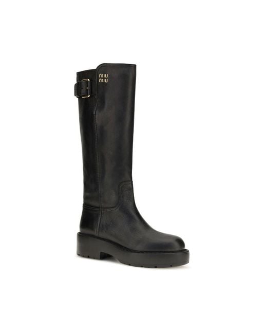 Miu Miu Black Calf Leather Bos Taurus Flat Boots
