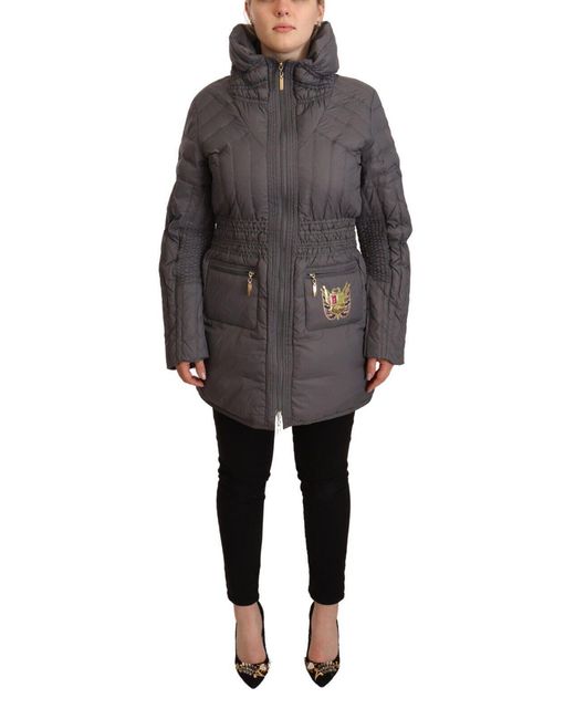 Rocco Barocco Black Gray Quilted Long Sleeves Logo Patch Full Zip Jacket