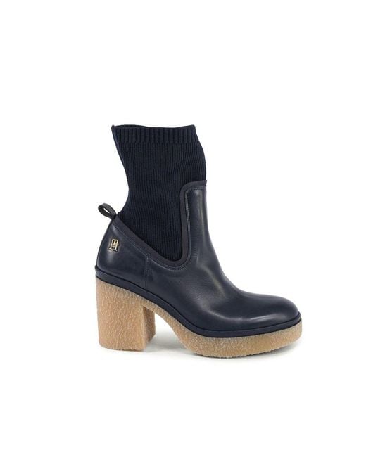 Tommy Hilfiger Blue Ankle Boots Knit Top Block Heel