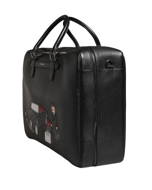Dolce & Gabbana Black Car Man Applique Leather Weekender Borse Bag for men