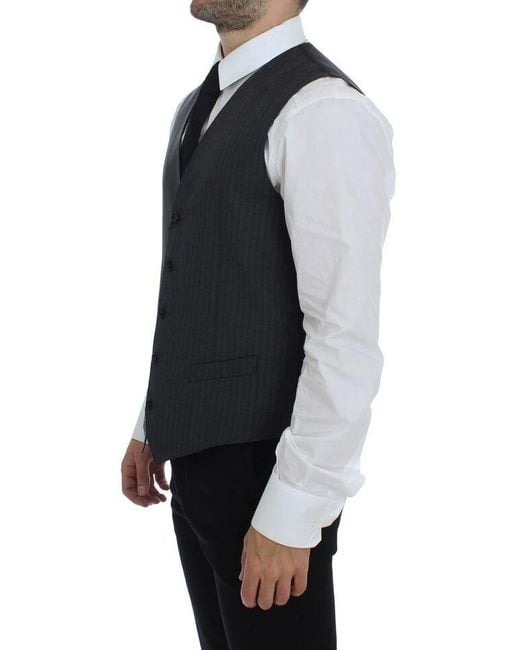 Dolce & Gabbana Black Dolce Gabbana Striped Wool Single Breasted Vest for men
