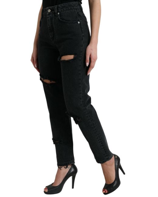Dolce & Gabbana Black Cotton High Waist Tattered Denim Jeans