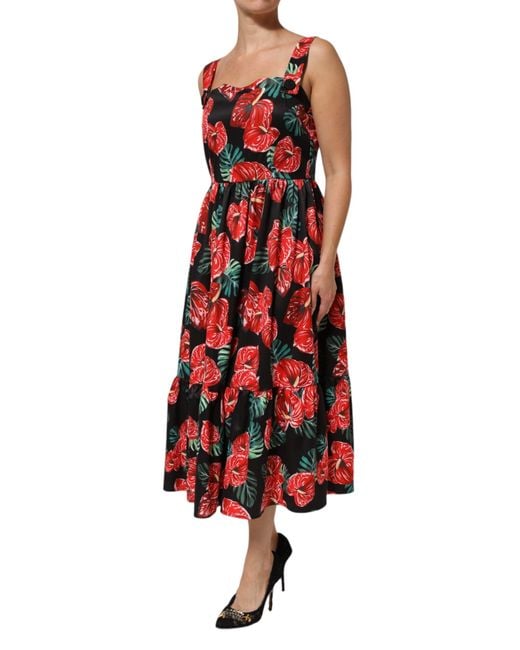 Dolce & Gabbana Red Multicolor Floral Cotton Poplin Midi Dress