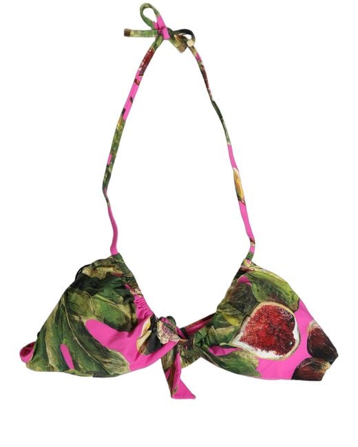 Dolce & Gabbana Green Fuchsia Pink Fig Print Beachwear Bikini Top