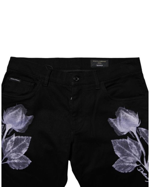 Dolce & Gabbana Black Floral Cotton Skinny Men Denim Jeans for men