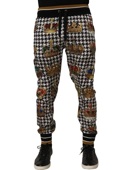 Dolce & Gabbana Black Houndstooth Crown Sweatpants Pants Polyester for men