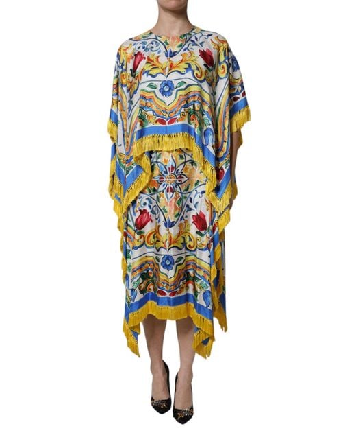Dolce & Gabbana Blue Multicolor Majolica Kaftan Short Sleeves Maxi Dress for men